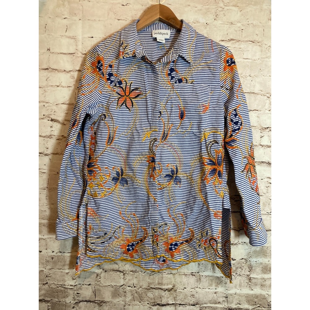 Peck & Peck Top Women Medium Blue Stripes & Florals Embroidered Hidden Button Up